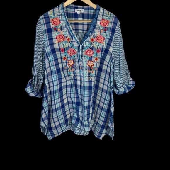 Angel Heart Boutique Boho Stripe/Plaid Embroidered Tunic Top Sz 1X - Picture 2 of 7